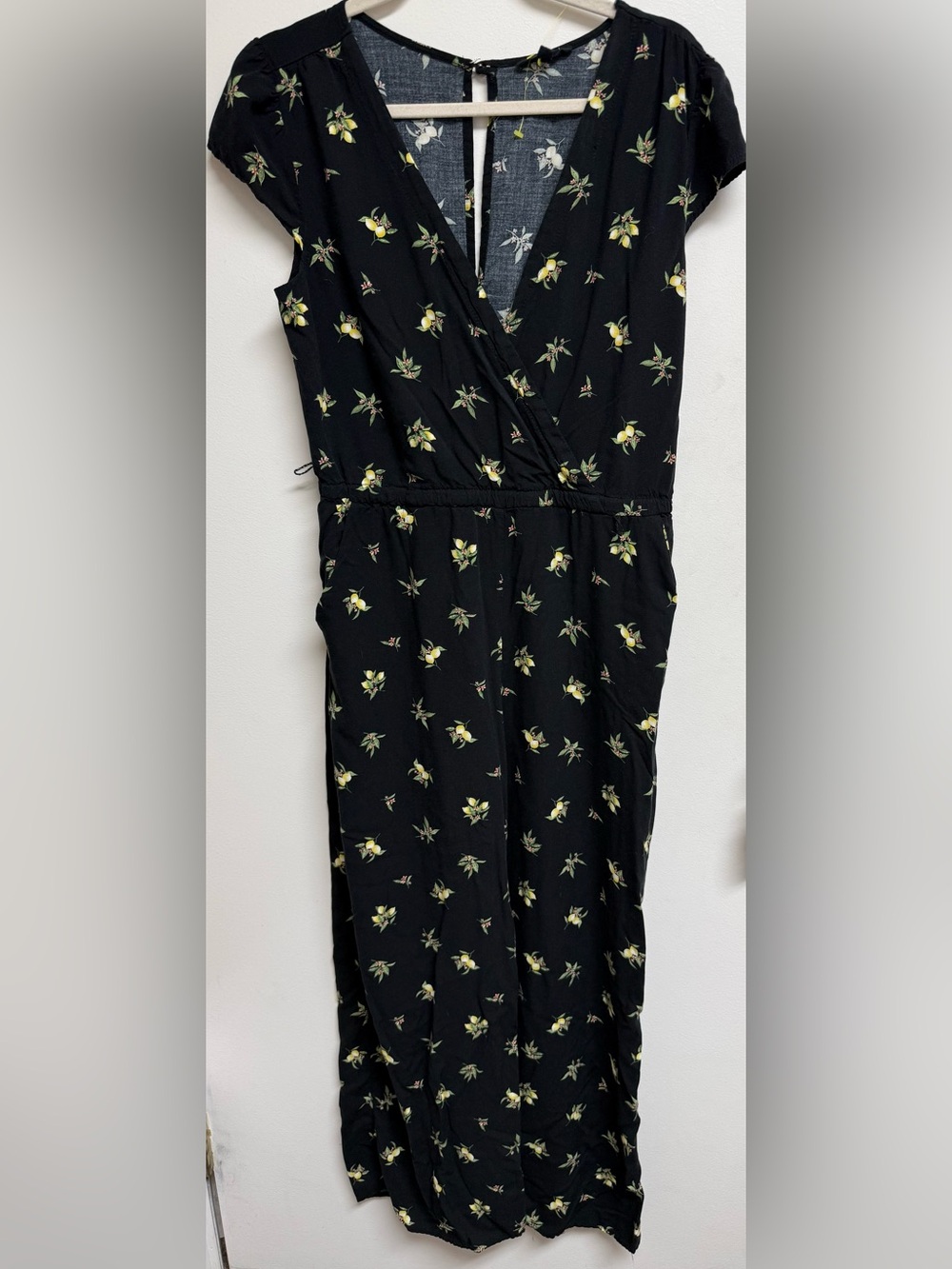 Sleeveless Black Lemon-Print Wrap Jumpsuit